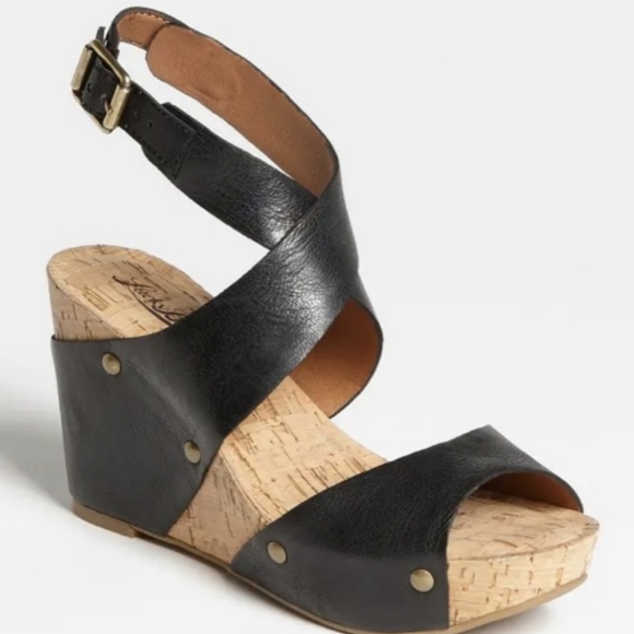 Lucky Brand Shoes - Lucky Brand Black Leather Strappy Cork Sandal Wedges